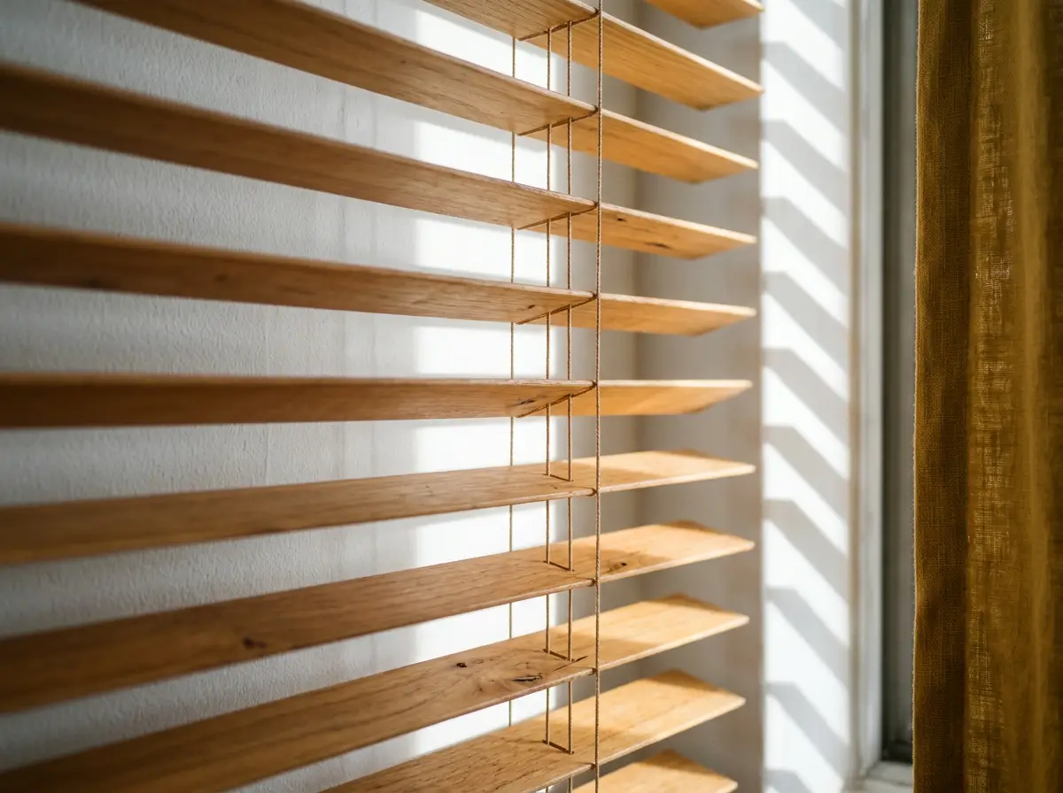 Detail of timber venetian blind slats and drawstring cords beside a linen curtain, Somerset West home