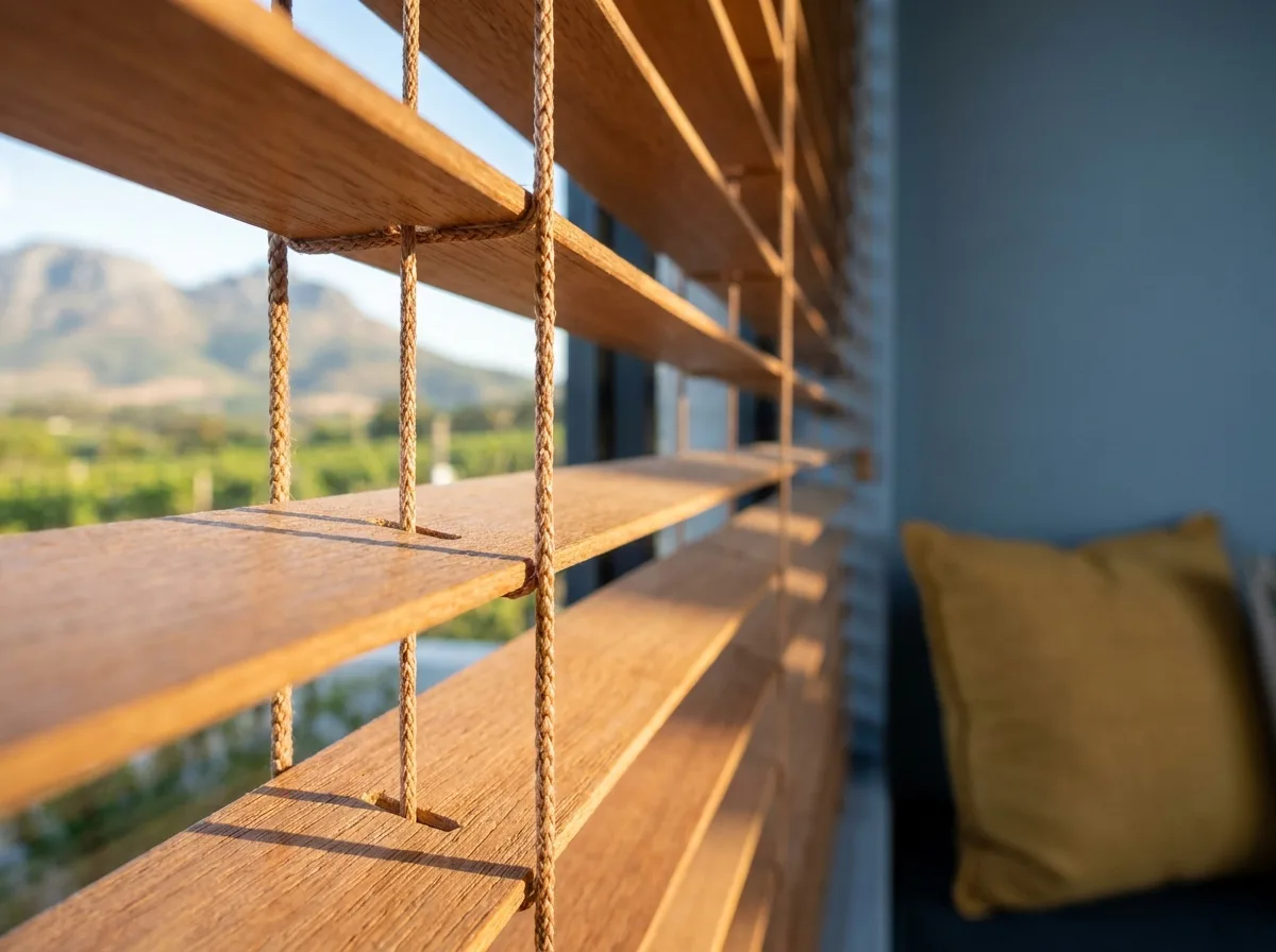 Close-up of timber venetian blind slats and cords against a sunlit window with Helderberg mountain views, Somerset West