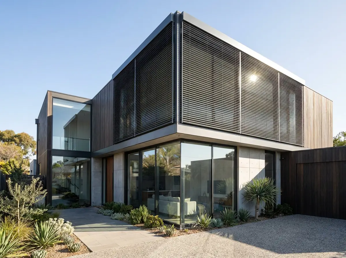 External aluminium venetian blinds shading the upper-floor glazing of a contemporary Somerset West home