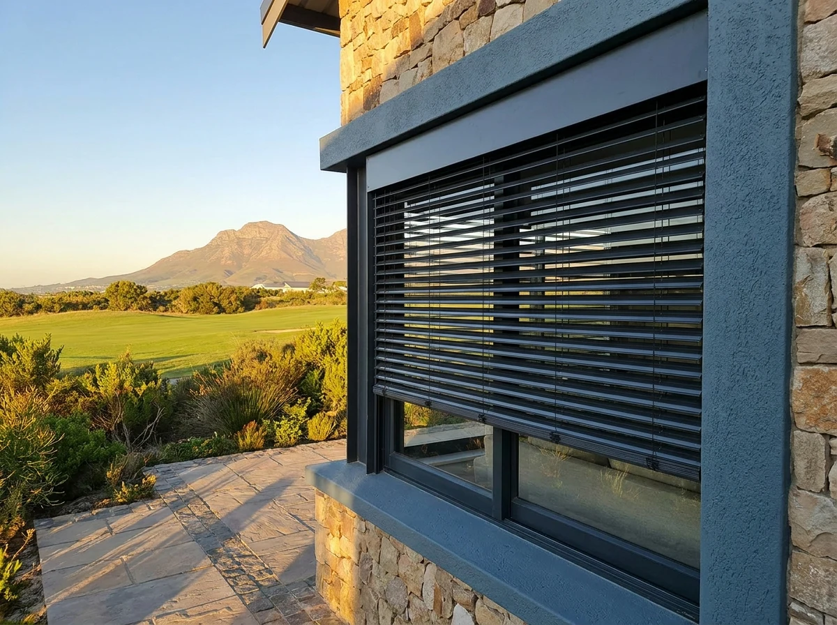 External aluminium venetian blind on an Erinvale Golf Estate home, fairway and Helderberg mountain view beyond