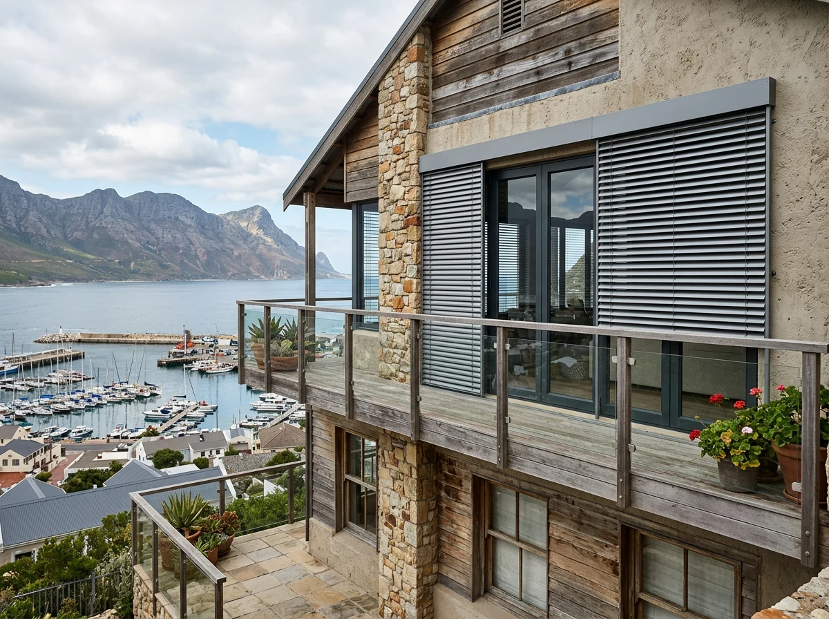 External aluminium venetian blind on a Gordon's Bay home overlooking the harbour and marina