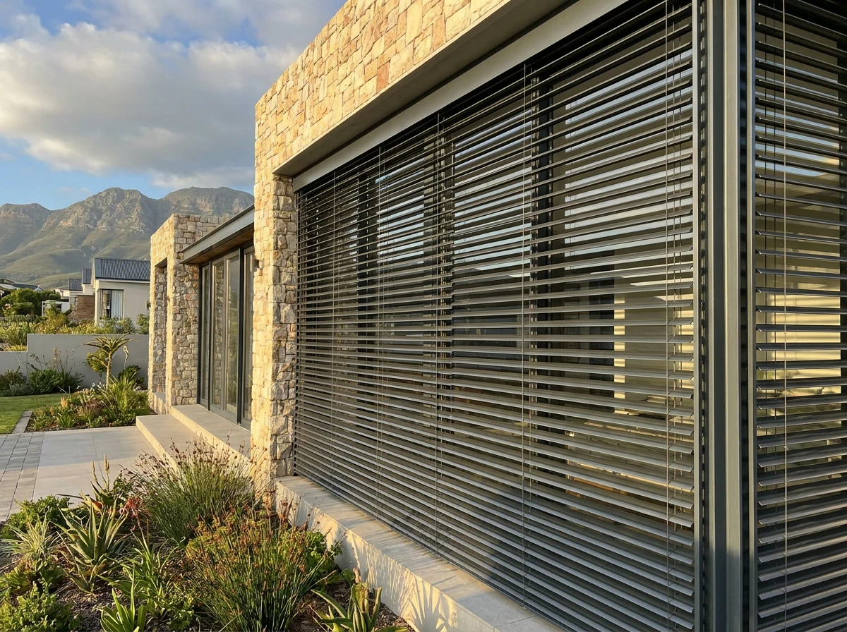 External aluminium venetian blinds on a stone-clad Somerset West elevation, Helderberg mountain in view