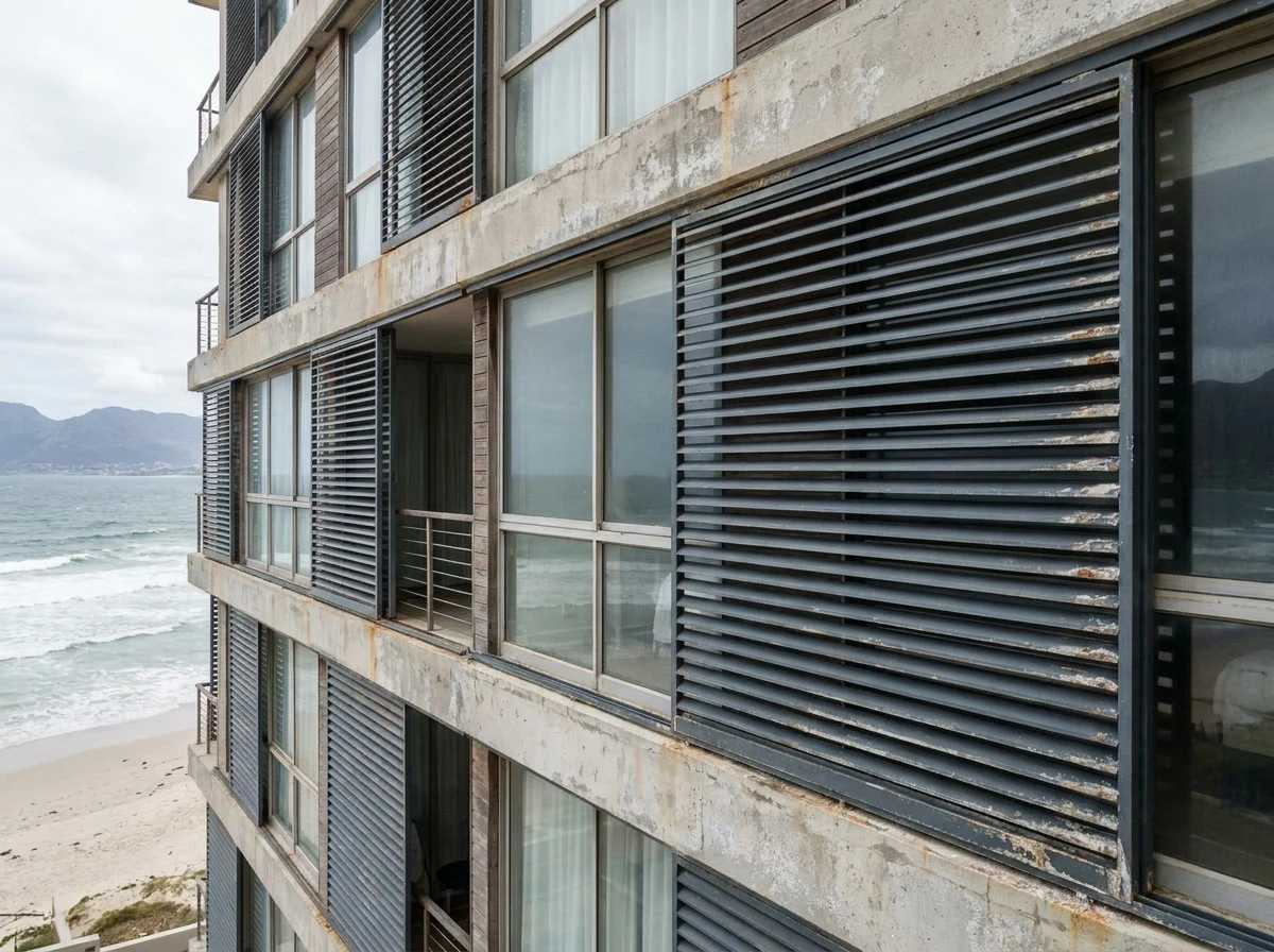 External aluminium venetian blinds on a Strand beachfront apartment block facade