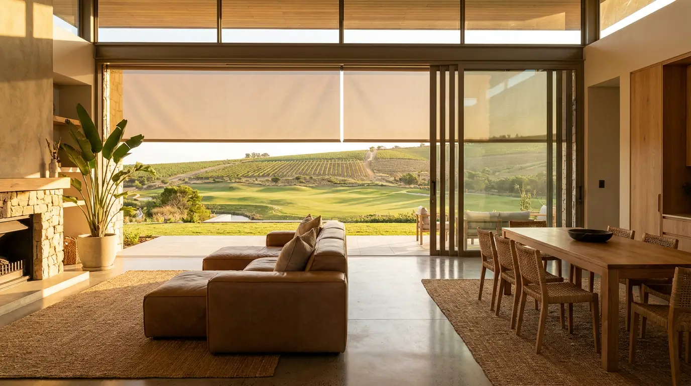 Sunscreen roller blind lowered over glass doors framing the fairway and hills behind an Erinvale Golf Estate home