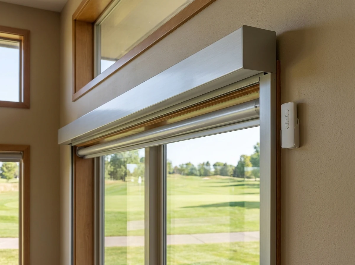Motorised roller blind headbox and remote control above a lounge window overlooking the fairway, Erinvale Golf Estate