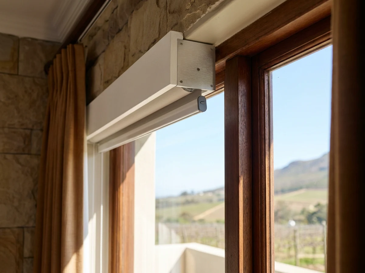 Motorised roller blind headbox and remote above a bedroom window overlooking Helderberg vineyards, Somerset West