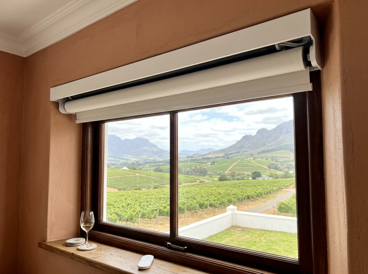 Motorised sunscreen roller blind lowered over a lounge window with a Stellenbosch vineyard and fairway view