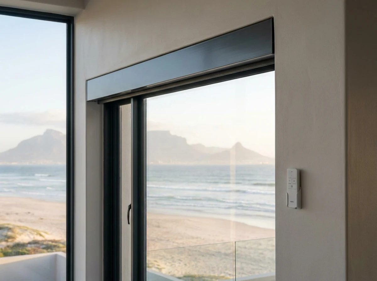 Motorised roller blind lowered over a lounge sliding door with an ocean view, Strand