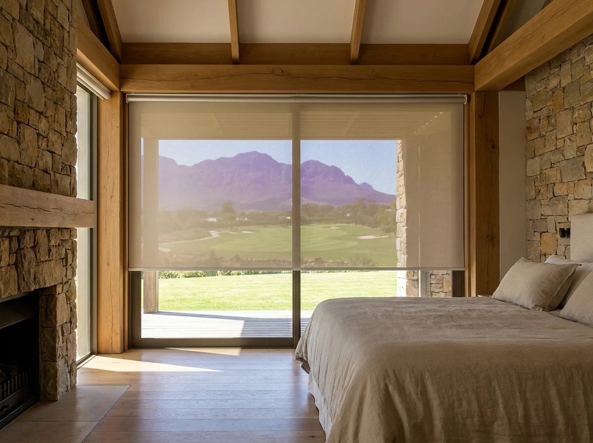 Sunscreen roller blind lowered over a bedroom window with a fairway and mountain view, Erinvale Golf Estate