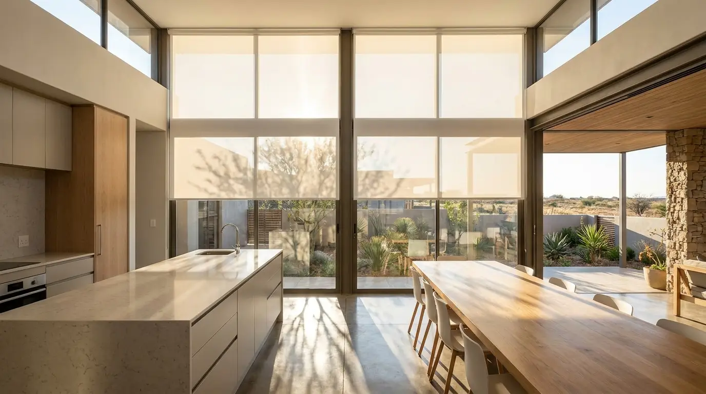 Sunscreen roller blinds lowered over floor-to-ceiling kitchen and dining glass in a Somerset West home