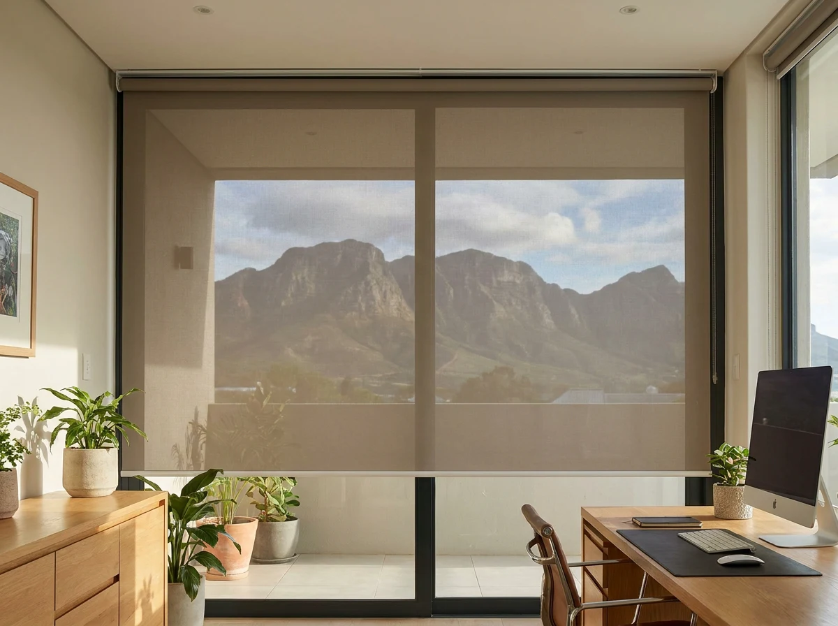 Sunscreen roller blind lowered over a home office window with a mountain view, Somerset West