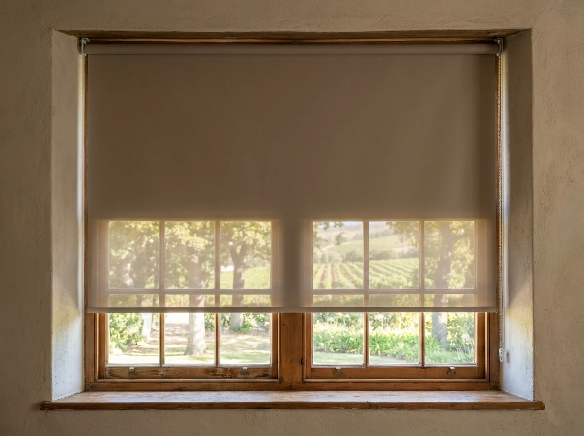 Sunscreen roller blind partly lowered over a window with a Stellenbosch vineyard view