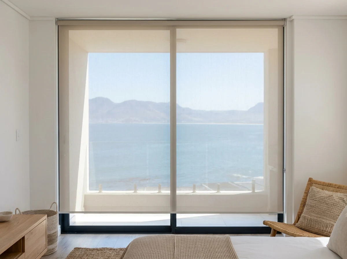 Sunscreen roller blind lowered over a bedroom window with a sea view, Strand apartment