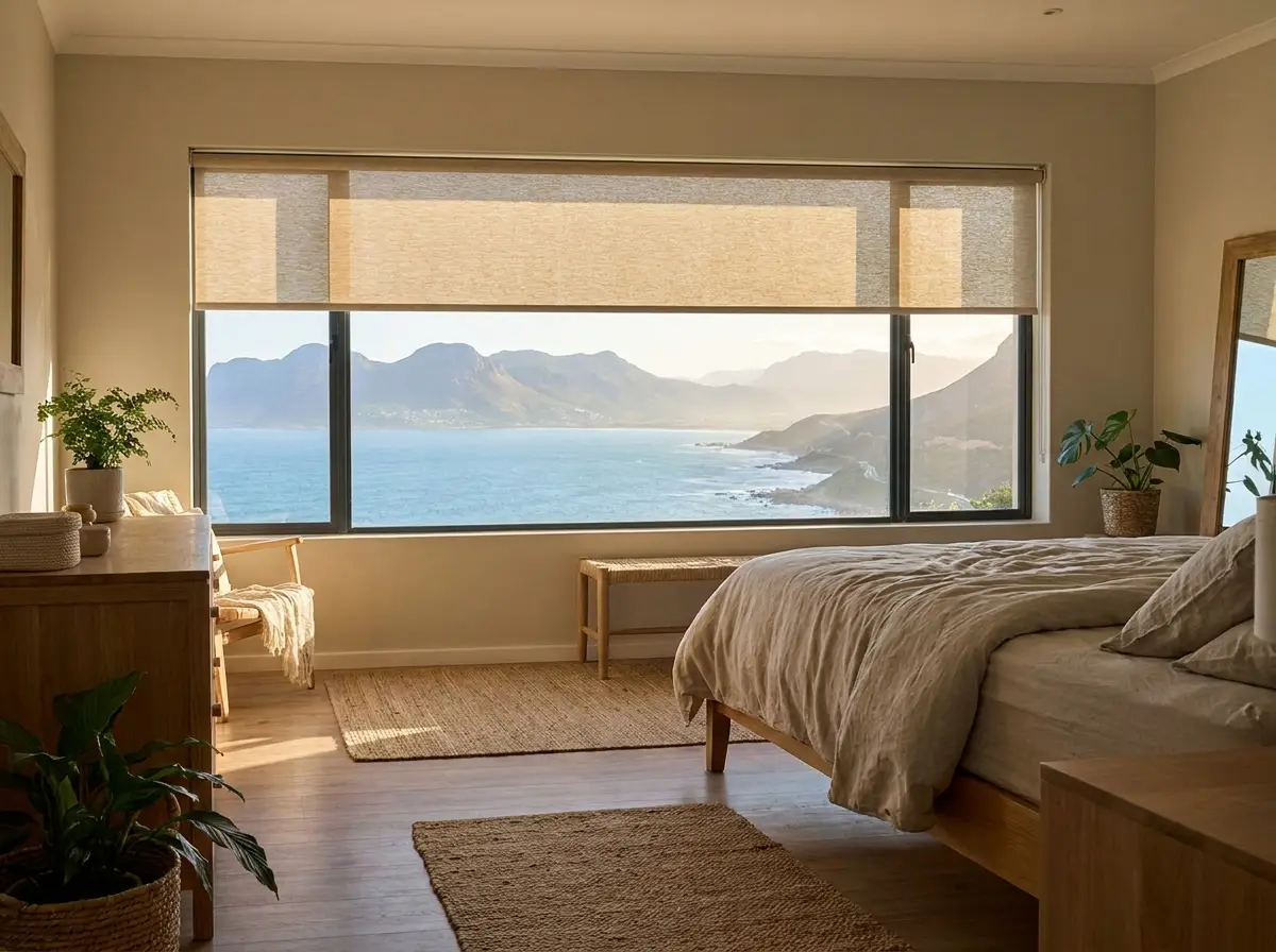 Sunscreen blind partly lowered over a bedroom window with an ocean and mountain view above Gordon's Bay