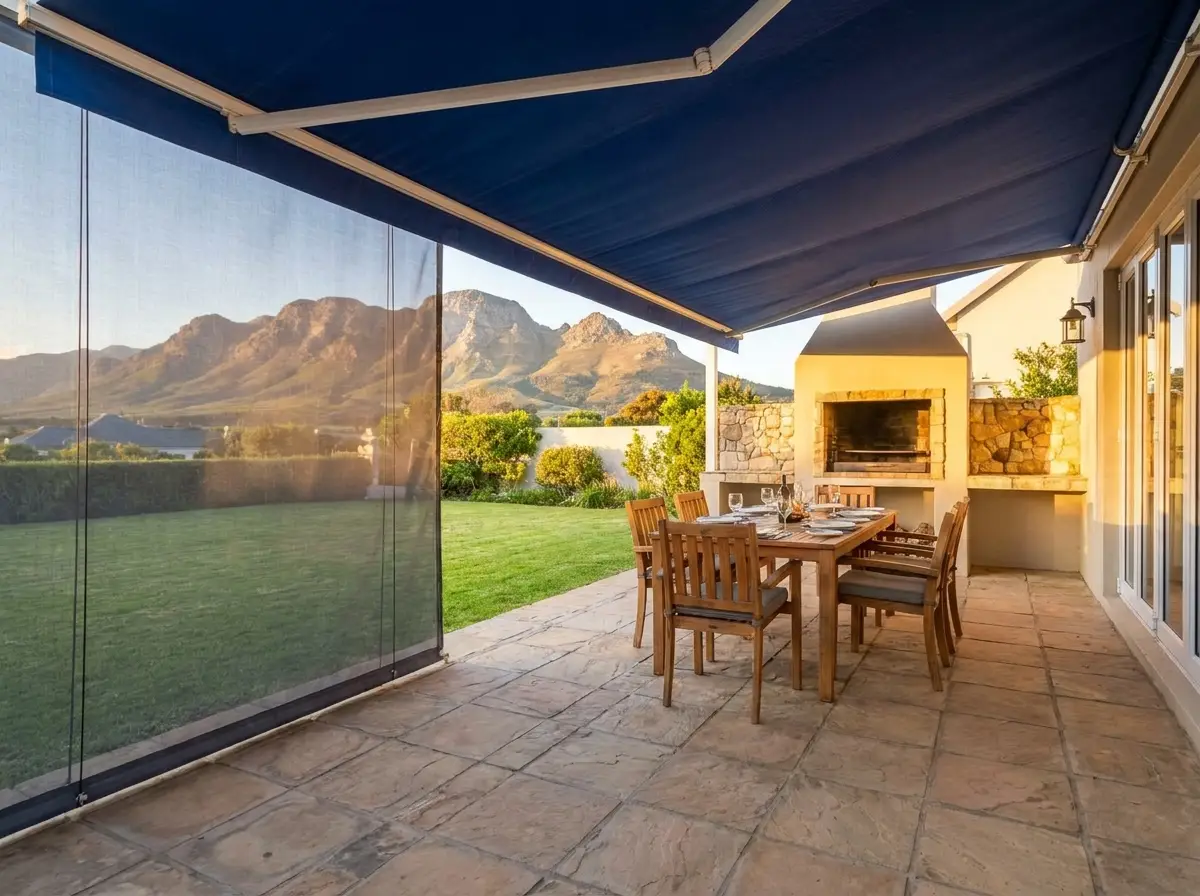 Outdoor patio with a folding-arm awning extended over a dining and braai area, zip screen at the open side, Somerset West home
