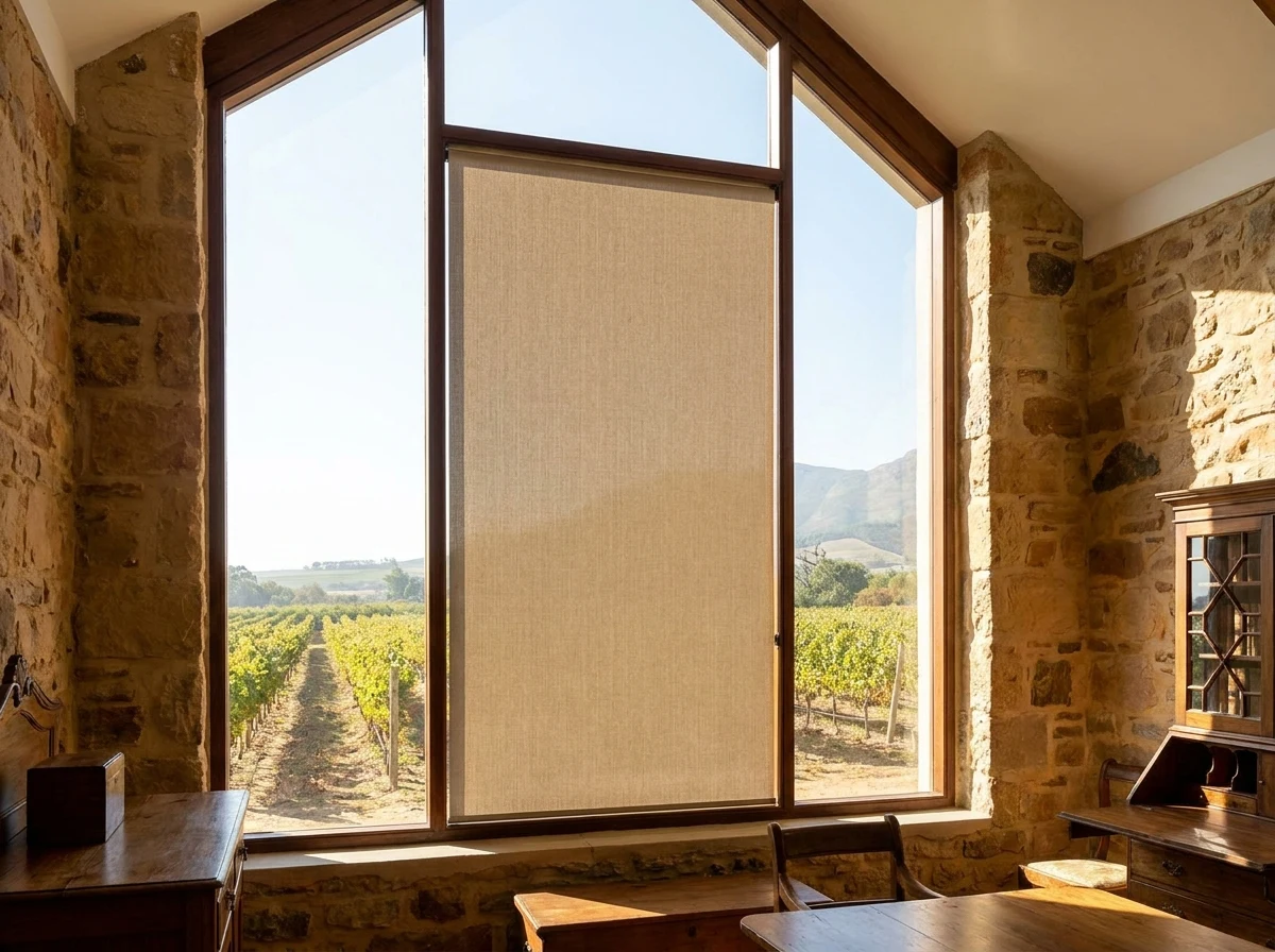 Shaped blind fitted to a gable-end window in a Stellenbosch homestead, vineyard rows beyond